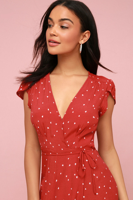 Red Heart Print Dress - Midi Dress ...